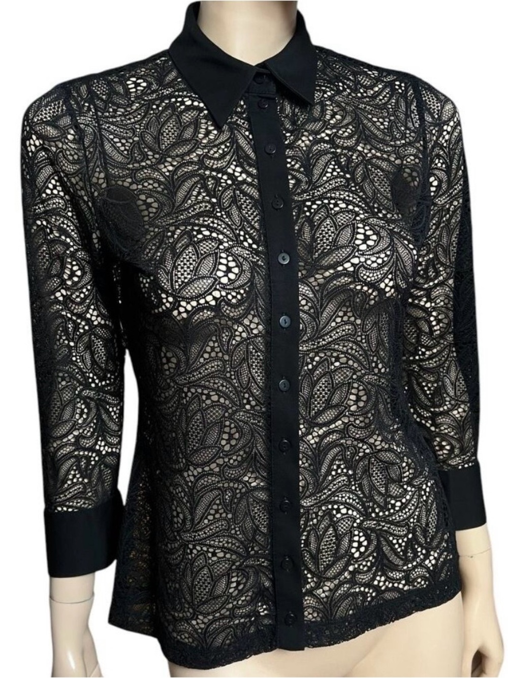 Anne Fontaine Black Sheer Lace Button-Down Shirt
